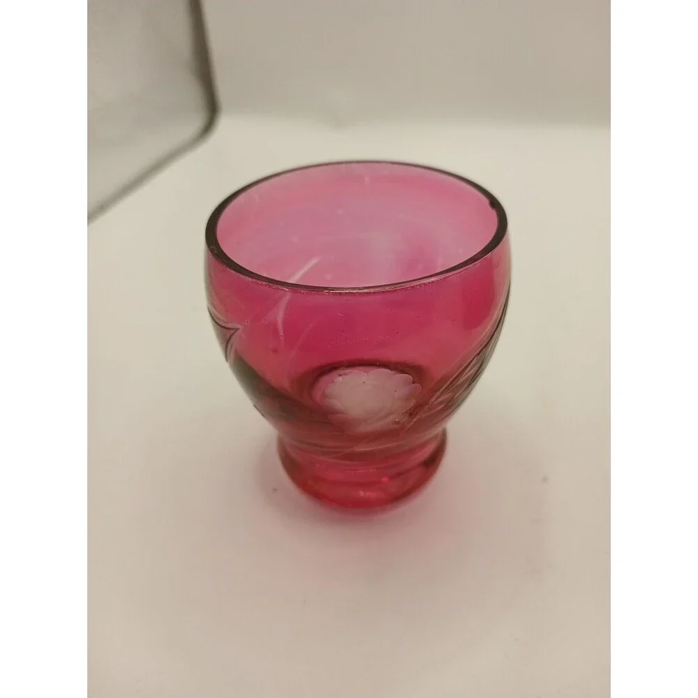 MCM Vintage Etched Cranberry Glass DECANTER With 5 Cordial Shot Glasses Red